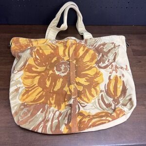 Life is Good Floral Canvas Tote Bag Large Brown Yellow Flower Purse